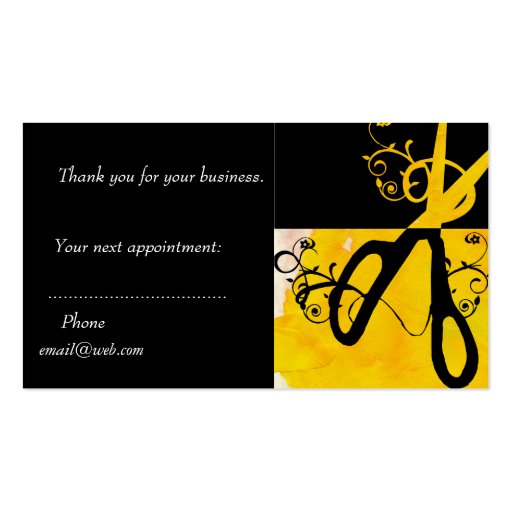 Yellow and Black Magic Scissors HairStylist Salon Business Cards (back side)