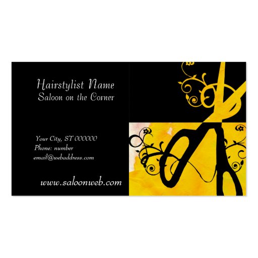 Yellow and Black Magic Scissors HairStylist Salon Business Cards (front side)