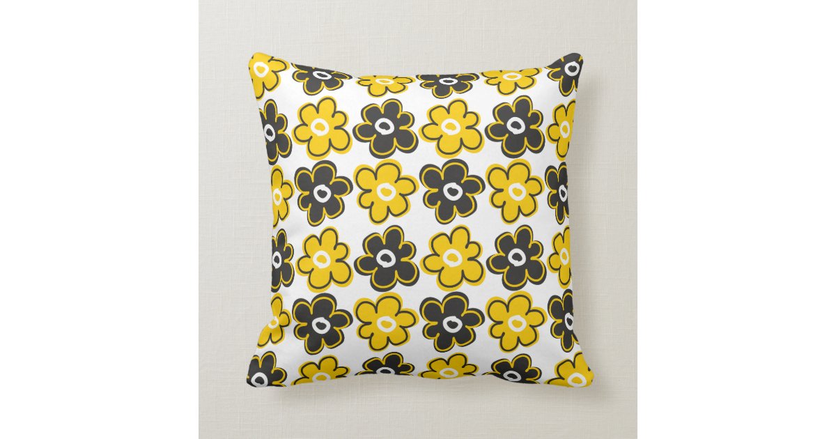 Yellow And Black Retro Flowers Pattern Throw Pillow Zazzle