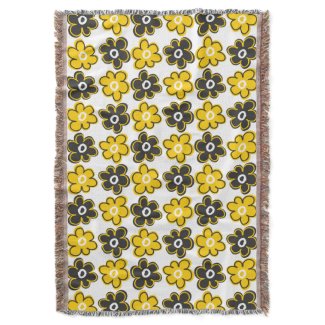 Yellow And Black Retro Flowers Pattern Throw Blanket