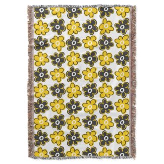 Yellow And Black Retro Flowers Pattern Throw Blanket