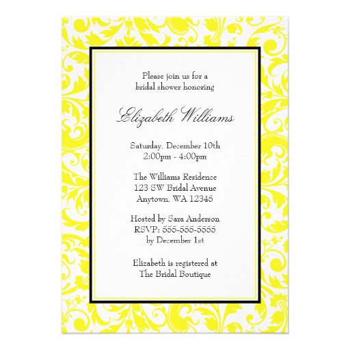 Yellow and Black Swirl Damask Bridal Shower Invitation