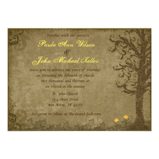 Yellow and Brown Vintage Swirl Tree Wedding Invita Personalized Invite (front side)