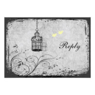 Yellow and Gray Birdcage Lovebirds Reply Card Personalized Invitation