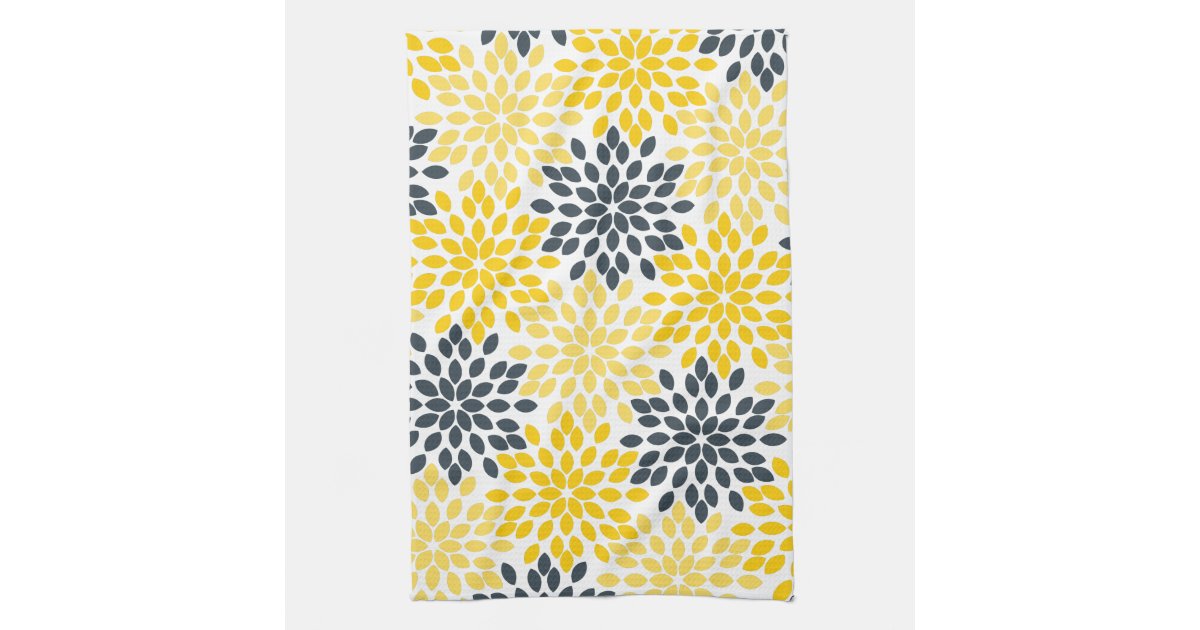 Yellow and Gray Charcoal Modern Floral Kitchen Towels Zazzle