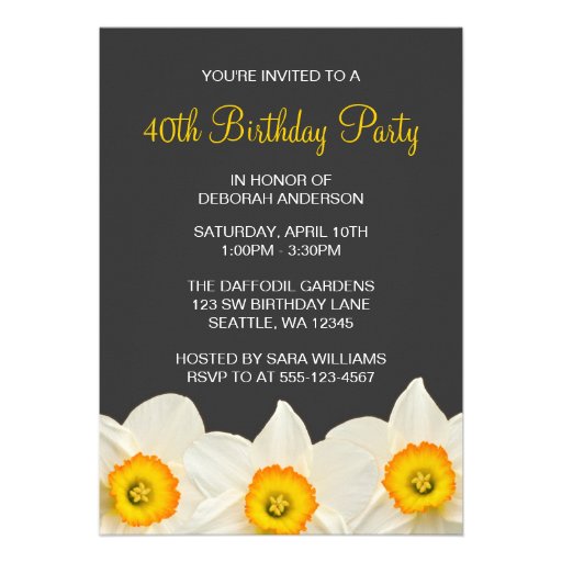 Yellow and Gray Daffodil Flowers Birthday Party Personalized Invite