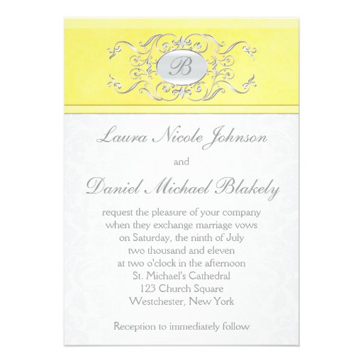 Yellow and Gray Damask Monogrammed Invitation