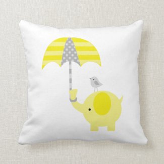Yellow and Gray Elephant and Bird Pillow