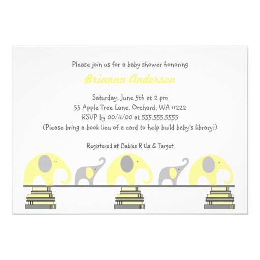 Yellow and Gray elephants on books baby shower Personalized Invitations