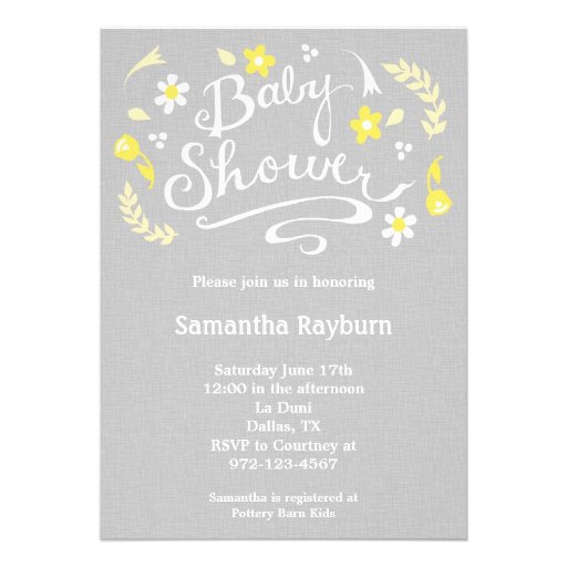 Yellow and Gray Floral Baby Shower Invitation Cards