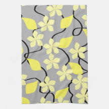 Yellow and Gray Flowers. Floral Pattern. Kitchen Towel