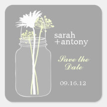 Yellow and Gray Mason Jar and Flowers Wedding Square Stickers