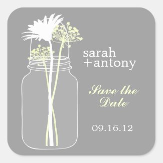 Yellow and Gray Mason Jar and Flowers Wedding Square Stickers