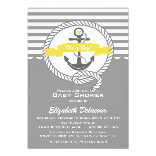 Yellow and Gray Nautical Baby Shower Invitation (front side)