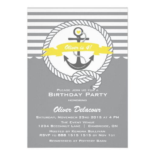 Yellow and Gray Nautical Kids Birthday Invitation