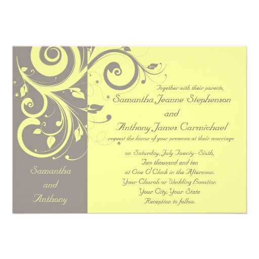 Yellow and Gray Reverse Swirl Wedding Invitations