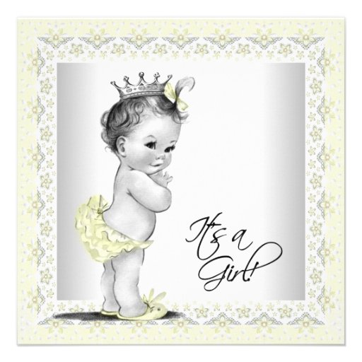 Yellow and Gray Vintage Baby Girl Shower Custom Invitations