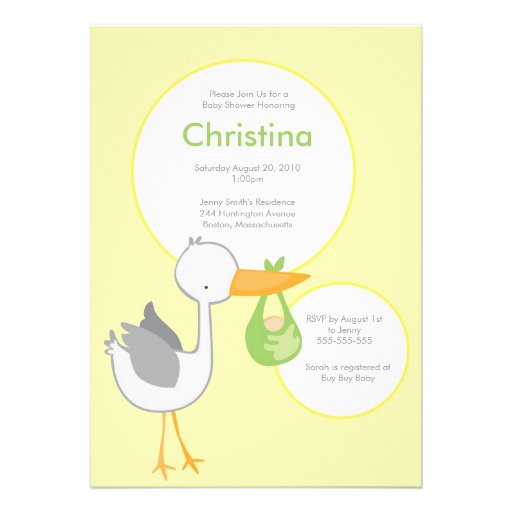 Yellow and Green Stork Baby Shower Invitation (front side)