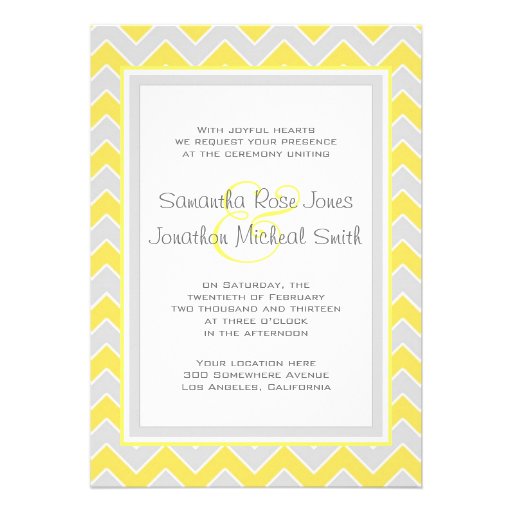 Yellow and Grey Chevron Pattern Wedding Invitation