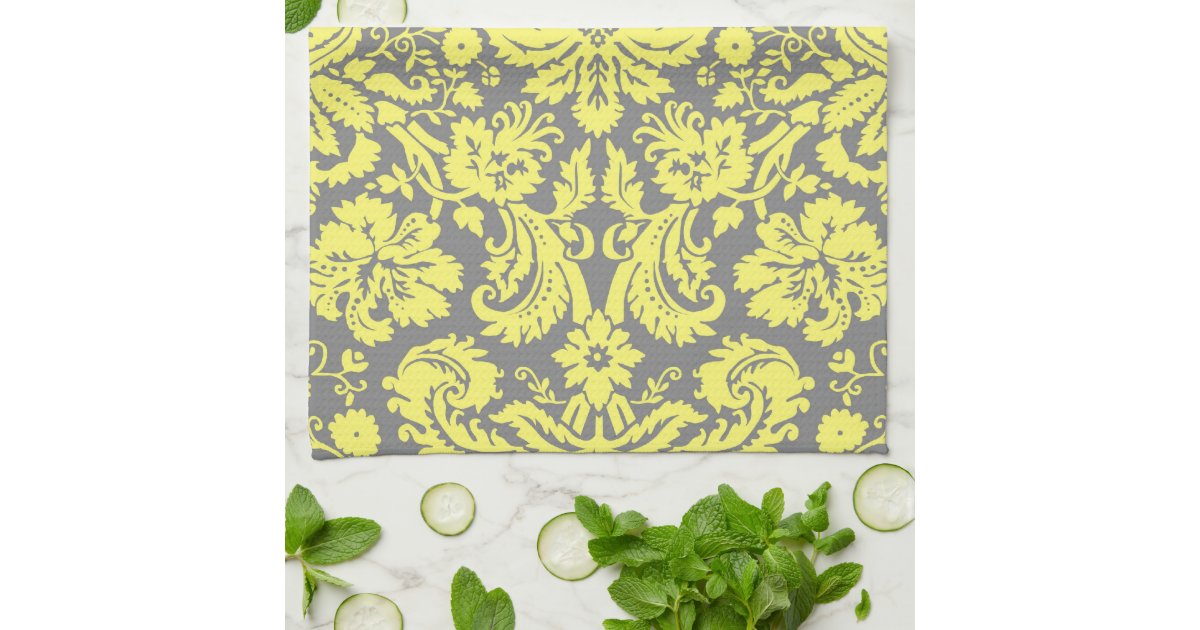 Yellow and Grey Fancy Damask Patterned Hand Towels Zazzle