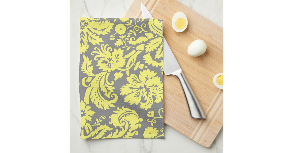 Yellow and Grey Fancy Damask Patterned Hand Towels Zazzle