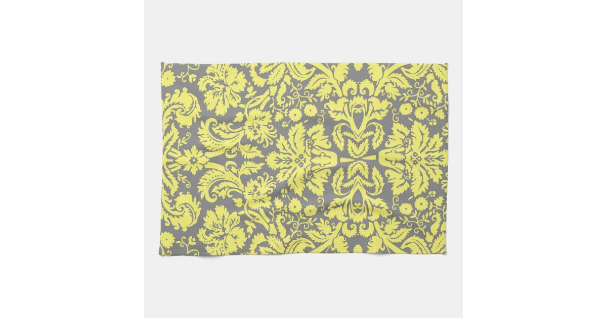Yellow and Grey Fancy Damask Patterned Hand Towels Zazzle