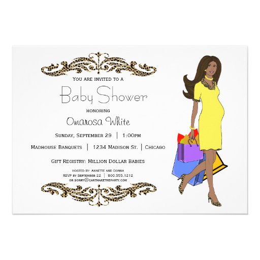 Yellow And Leopard Print African American Mommy Personalized Invitations