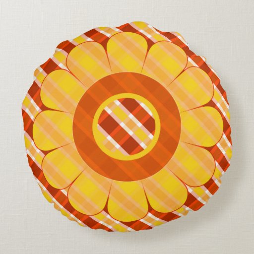 Yellow And Orange Plaid Floral Throw Pillow Round Pillow Zazzle