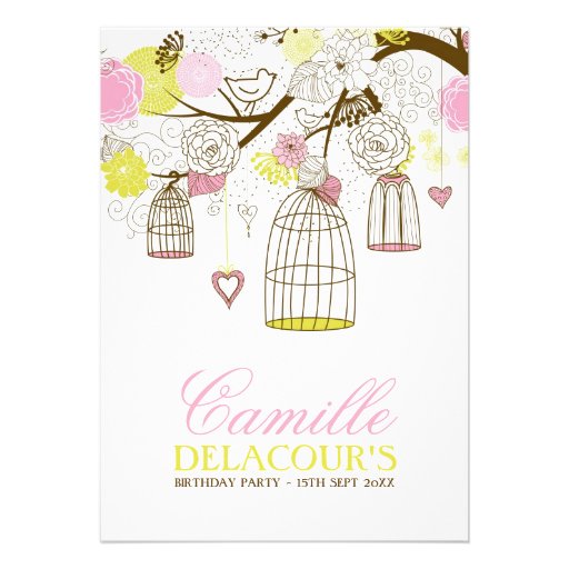 Yellow and Pink Birdcages Birthday Invitation