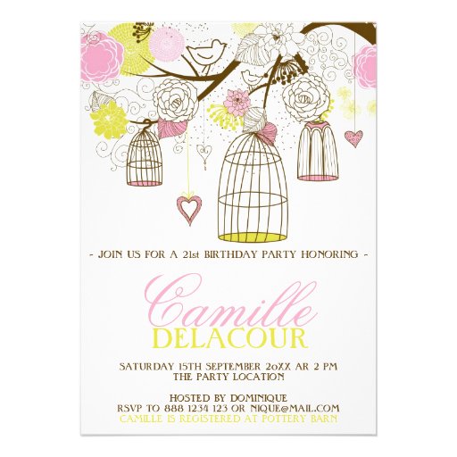 Yellow and Pink Birdcages Birthday Invitation