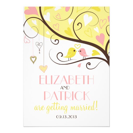 Yellow and Pink Love Birds Wedding Invitation