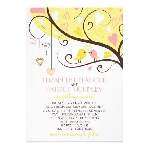 Yellow and Pink Love Birds Wedding Invitation