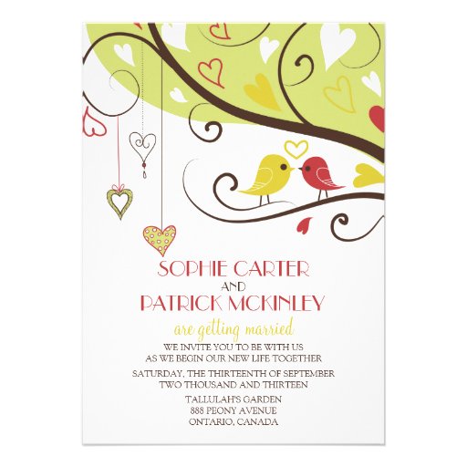 Yellow and Red Lovebirds Wedding Invitation