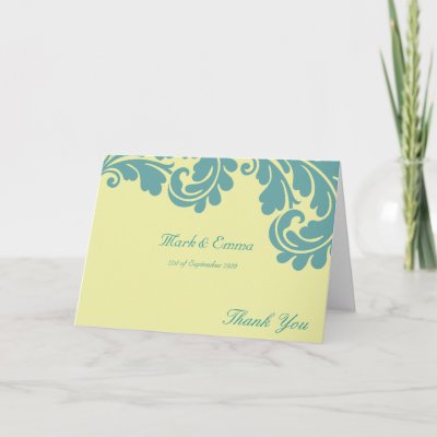 Yellow and teal damask wedding Thank you card by Cards by Cathy