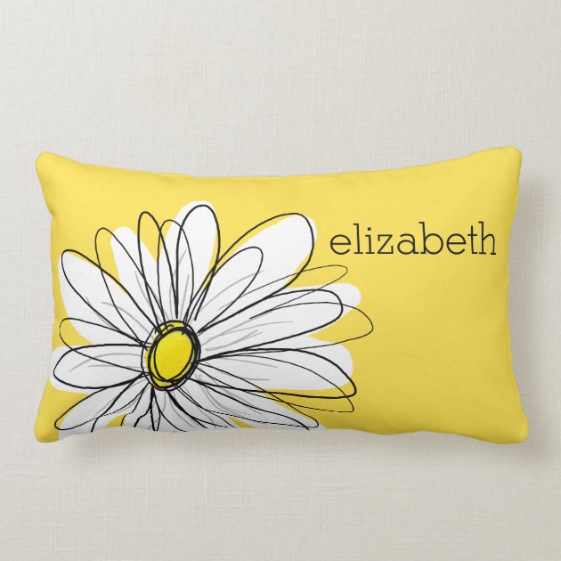 Yellow and White Whimsical Daisy with Custom Text Throw Pillows-1