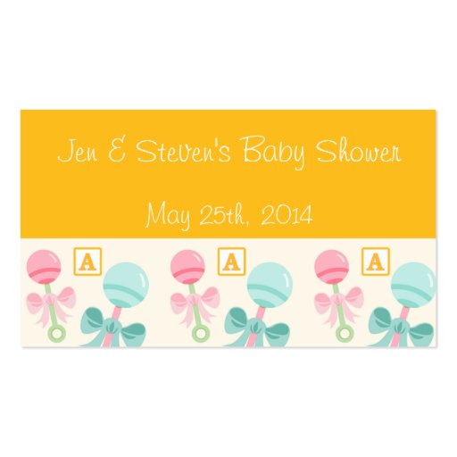 Yellow Baby Rattle Baby Shower Drink Ticket Business Card Templates (back side)
