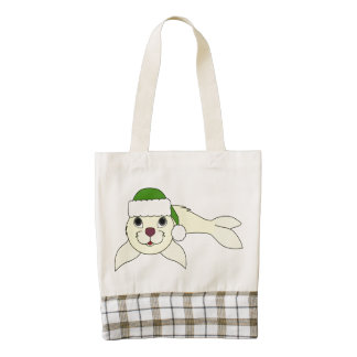 Yellow Baby Seal with Christmas Green Santa Hat Zazzle HEART Tote Bag