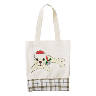 Yellow Baby Seal with Santa Hat & Silver Bell Zazzle HEART Tote Bag