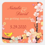 Yellow Bird, Sakura Flowers Orange Wedding Sticker