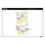 yellow birds with gray messy leaves on white skins