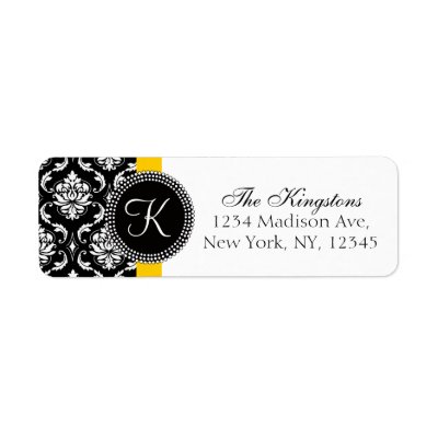 Yellow Black Damask Monogram Wedding Address Label
