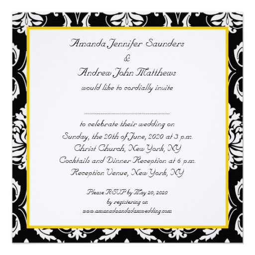 Yellow Black Damask Names Wedding Invitation