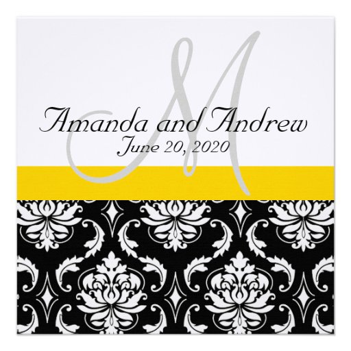 Yellow Black Damask Names Wedding Invitation