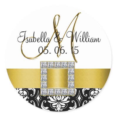 Yellow Black Damask Wedding Favor Sticker