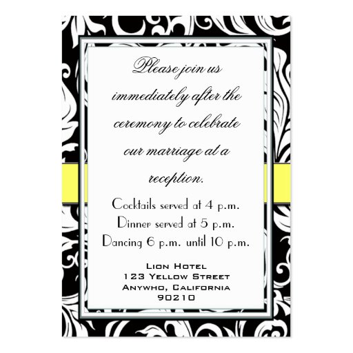 Yellow & Black Damask Wedding Reception Cards Business Cards (back side)