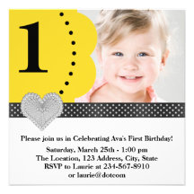 Yellow Black Girls Photo 1st Birthday Party Personalized Announcements
