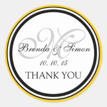 Yellow Black Monogram M Wedding Thank You Round Sticker