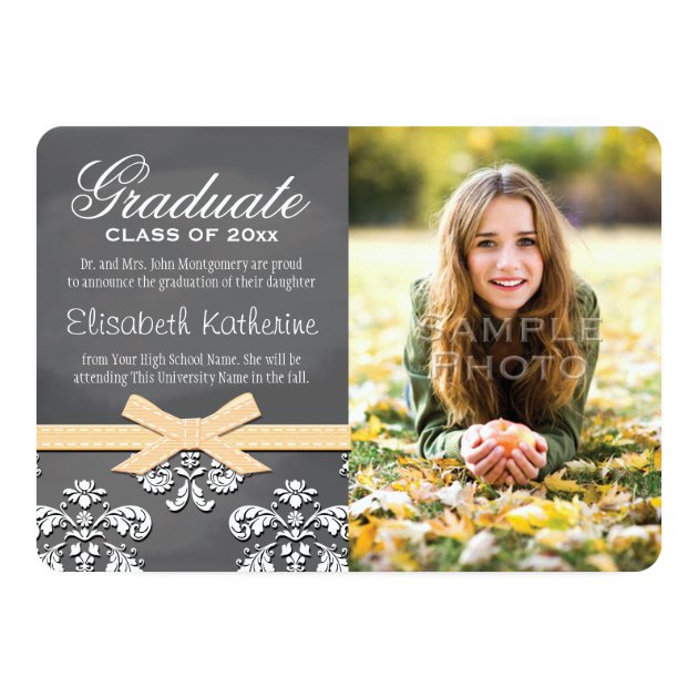 YELLOW Bow Chalkboard Lace Graduation Announcement