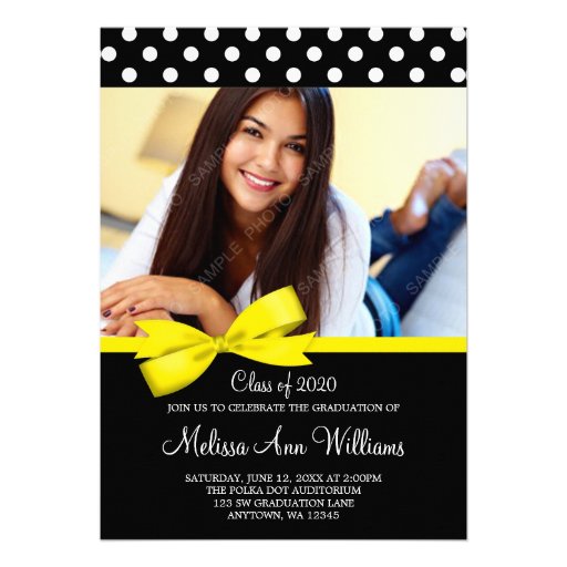 Yellow Bow Polka Dot Photo Graduation Announcement (front side)