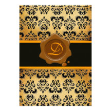 YELLOW BROWN AND BLACK DAMASK ,WAX SEAL MONOGRAM CUSTOM INVITATIONS